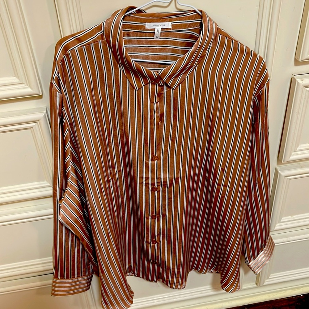 Brown, black, white striped blouse.